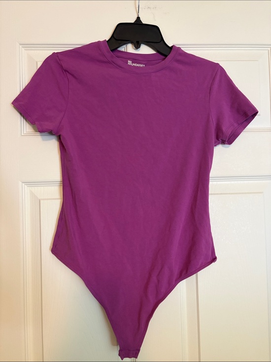 No Boundaries Tops - Women’s Crewneck Thong Plum Colored Short Sleeve Snap Bodysuit